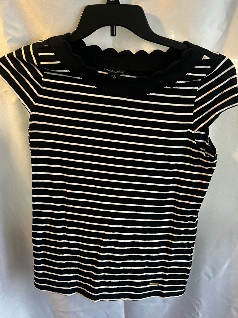 Cynthia Rowley Black & White Striped Tee with Scalloped Neckline